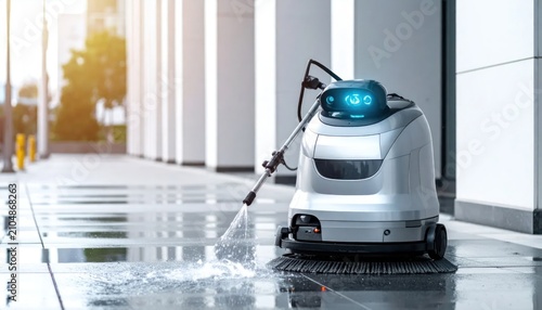 Autonomous cleaning robot working in modern commercial corridor