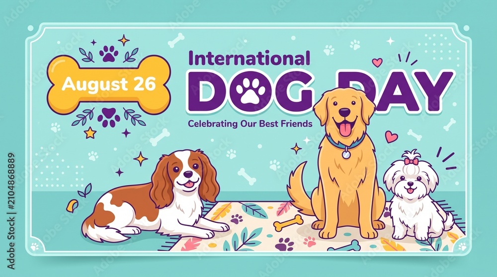 Fototapeta premium Cute cartoon dogs celebrating international dog day with happy expressions and playful elements around them