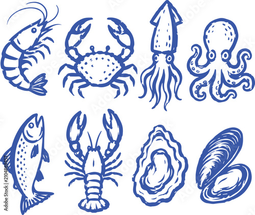 vector illustration of a set of sea animals