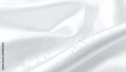 Close up of water drops on white silk material.