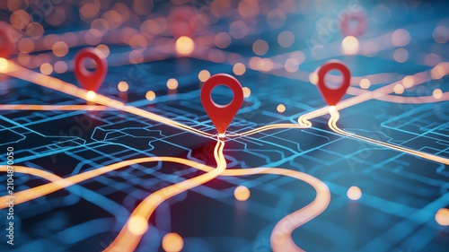 Digital city map with red location pin icons and glowing navigation routes for logistics concept