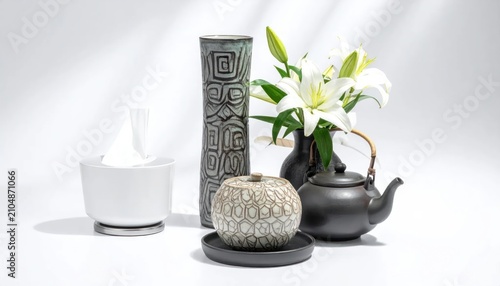 Decorative vases with white lilies and black teapot.