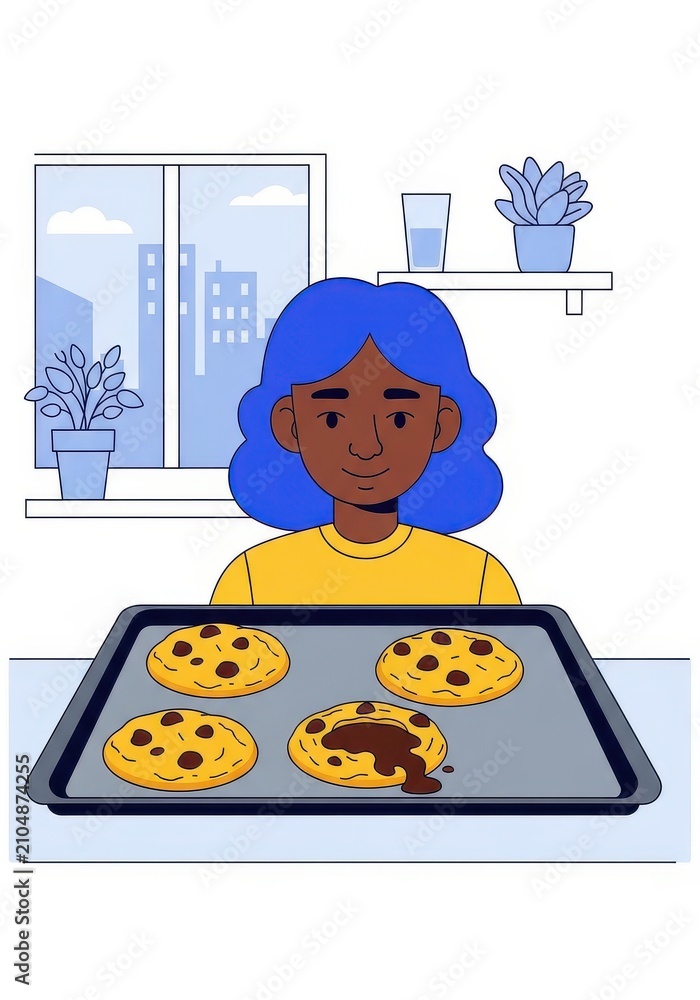 Naklejka premium Young Woman with Blue Hair Baking Fresh Chocolate Chip Cookies in a Modern Kitchen Illustration