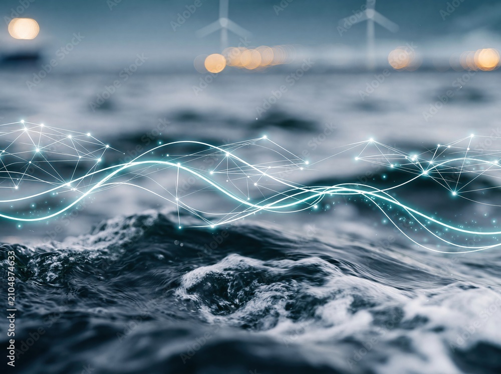 Obraz premium Abstract glowing network overlay on choppy ocean waves with distant offshore wind turbines