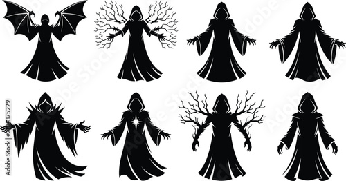 Foto Dark fantasy wizard silhouette set with hooded necromancer sorcerer mage and gri