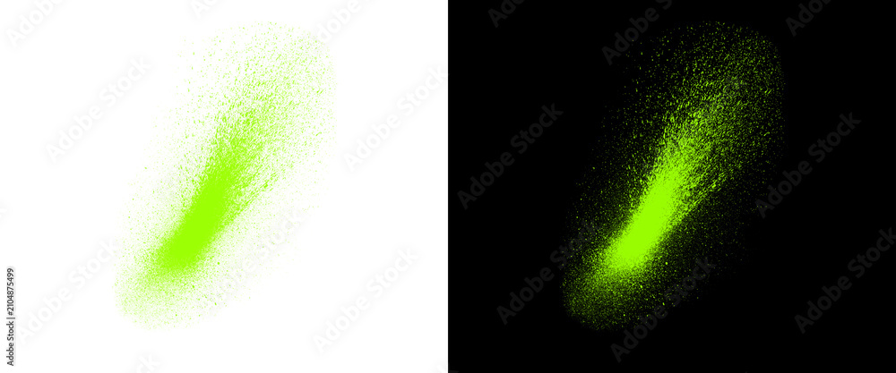 Obraz premium Bright green spray paint splash on white and black backgrounds, neon green aerosol paint splatters, abstract colorful dust explosion texture