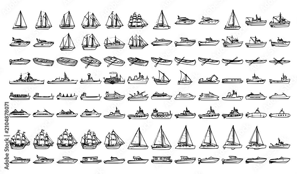 Fototapeta premium Maritime Boat and Ship Outline Illustration Set Vector
