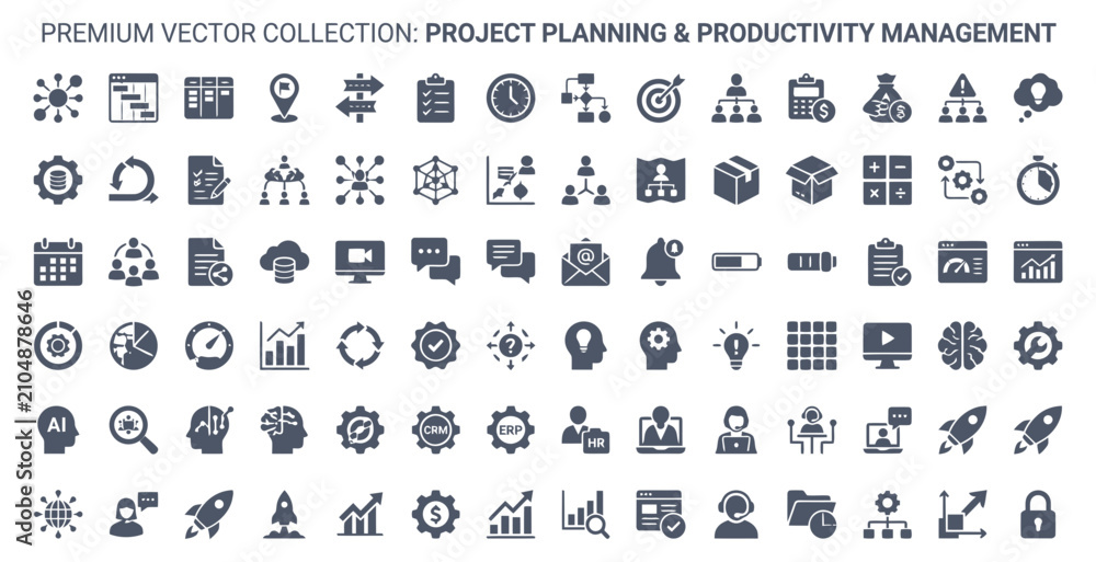 Obraz premium Comprehensive Collection of Project Management and Productivity Planning Glyph Icons for Professional Business Workflows