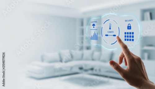 Hand interacting with a futuristic holographic smart home control interface