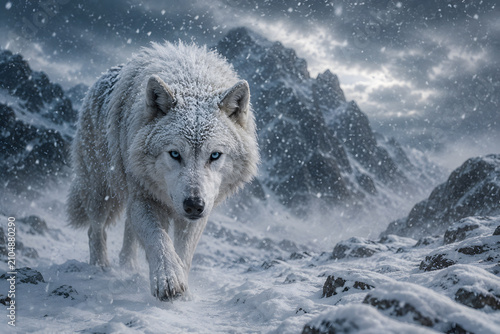 Arctic wolf walking through heavy snowfall with determined expression, resilience, endurance and survival concept