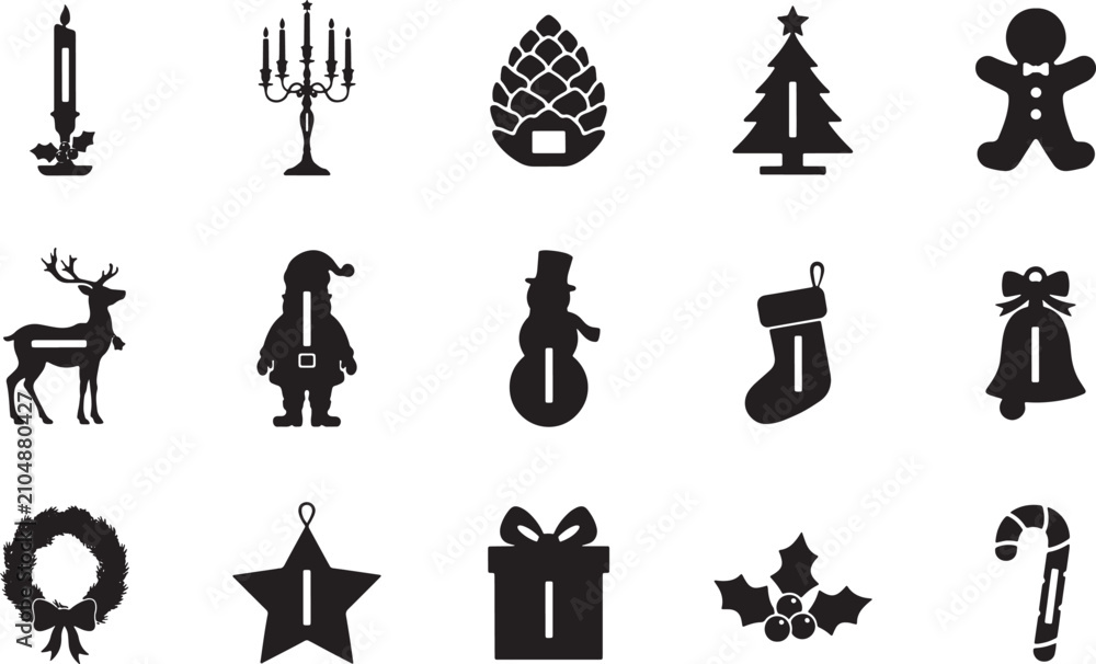 Naklejka premium Comprehensive Collection Of Black Silhouette For Christmas And Winter Holidays Festive