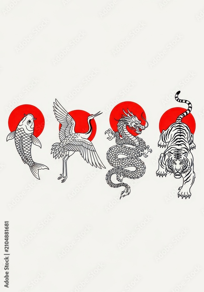 Obraz premium Set of Four Traditional Japanese Style Animal Illustrations Featuring Koi, Crane, Dragon, and Tiger with Red Sun