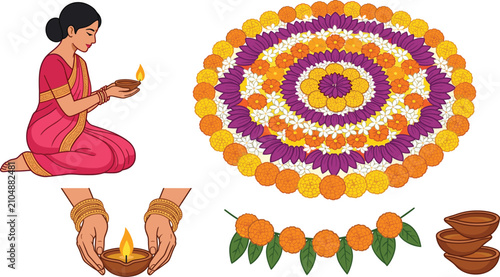 Indian Woman in Saree Creating Flower Rangoli Vector Set with Diya Oil Lamps and Marigold Garland Elements for Diwali Festival Decoration Designs
