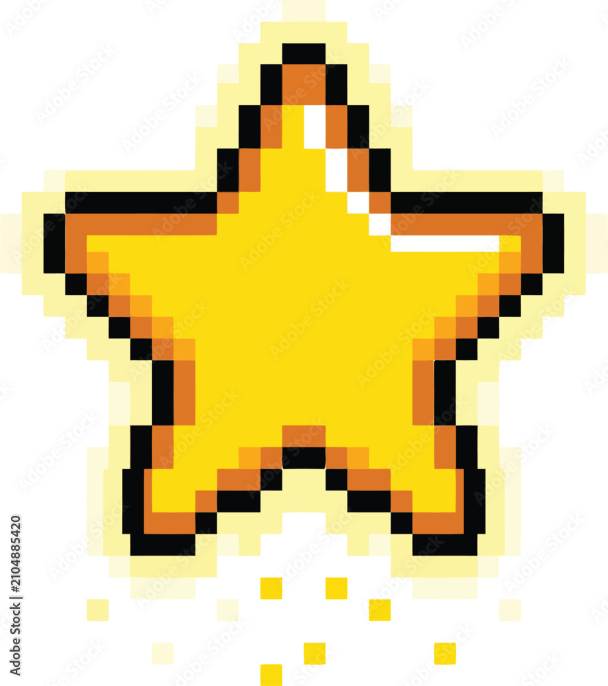 Fototapeta premium Glowing golden pixel art star power up icon on transparent background
