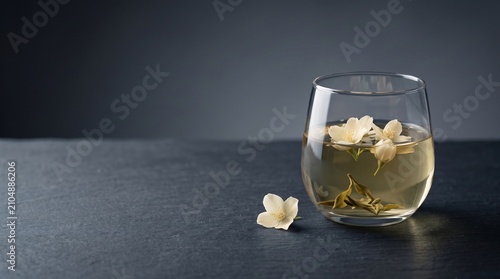 Clear glass cup filled with fragrant jasmine tea infused with fresh delicate white blossoms with jasmine flowers resting textured slate surface