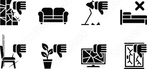 Foto Broken home furniture and property damage black glyph icon set showing cracked w