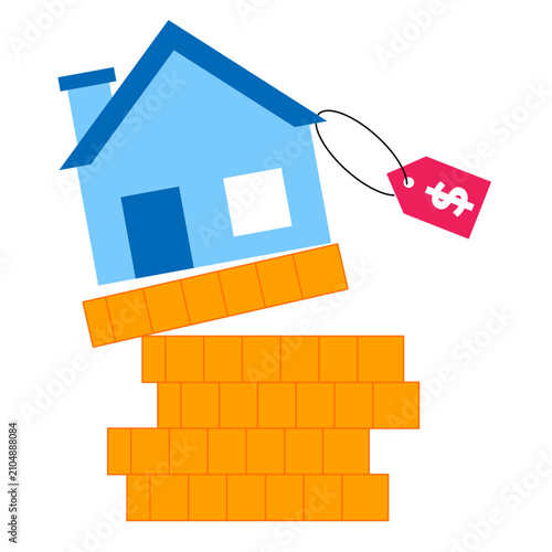 Illustration of Blue Home on Bricks with Sale Label Showing Property Value and Mortgage Concept