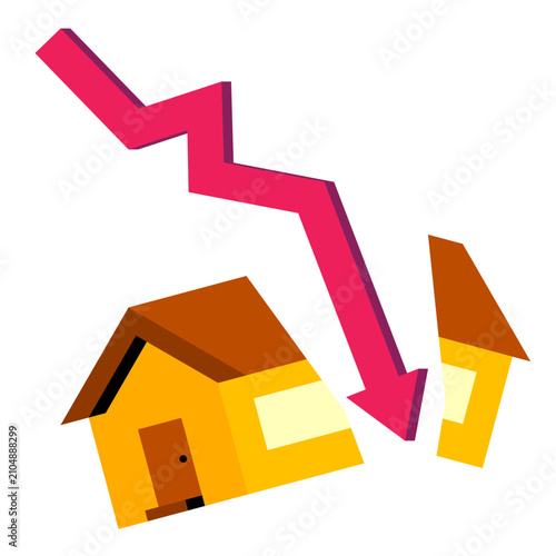 Illustration of House with Downward Red Arrow Showing Property Value Drop