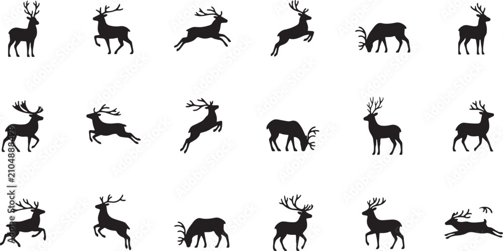 Fototapeta premium Dynamic Collection Of Reindeer Silhouettes In Various Poses And Actions For Winter Themes