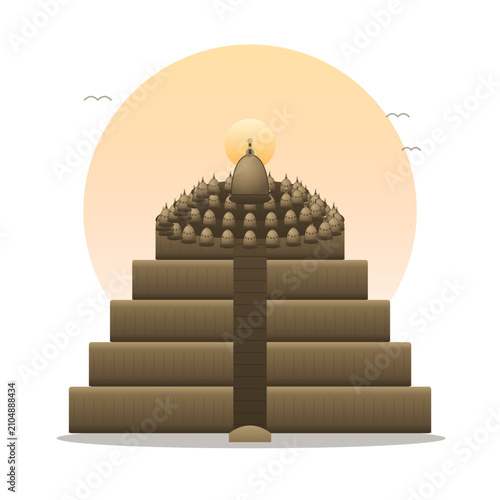 Borobudur Temple at Sunset with Warm Golden Sky, Indonesia Landmark