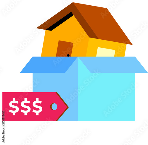 Illustration of House Inside Cardboard Box with Sale Tag Showing Real Estate Package Deal