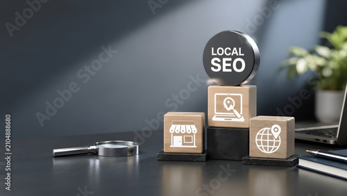 Local SEO digital marketing strategy concept with magnifying glass and wooden blocks showing store and location pin icons for online business visibility