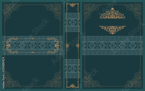 Vintage book cover featuring gold lines and a dark green background, adorned with tribal patterns.