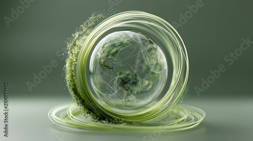 Circular green energy flow surrounding a transparent earth, carbon neutral ecosystem concept,