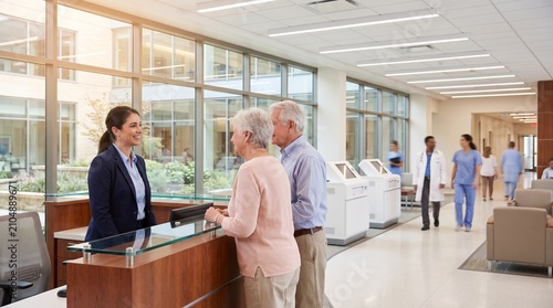 Receptionist helping senior couple at hospital front desk
