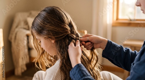 Close up of older sister hands carefully braiding younger sister long brown hair at home