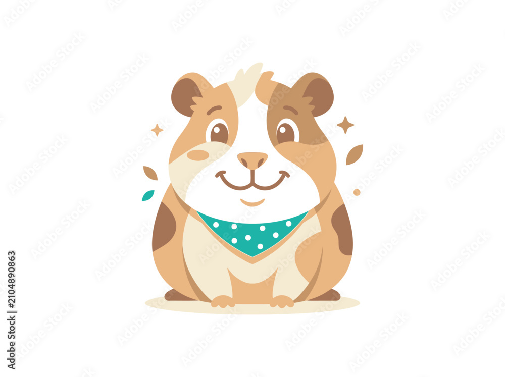 Fototapeta premium Adorable illustrated guinea pig with a cheerful expression, wearing a stylish blue bandana, surrounded by decorative sparkles, embodying a friendly and playful pet character design