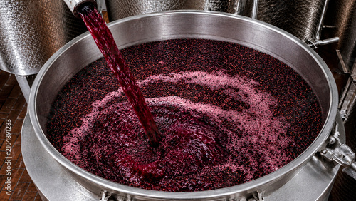 Red wine must pouring into a large stainless steel fermentation tank. Industrial winemaking process in a winery