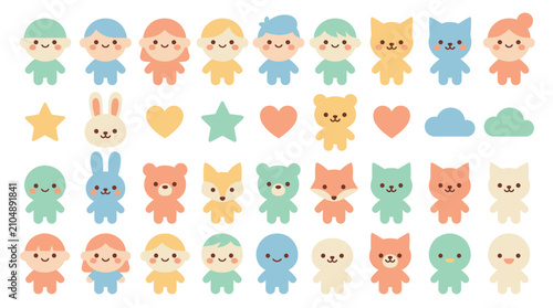 Photography Seamless pattern of colorful cute animal faces.