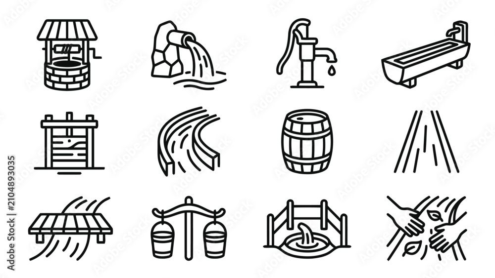 Fototapeta premium Set of line art icons representing water sources and water management elements
