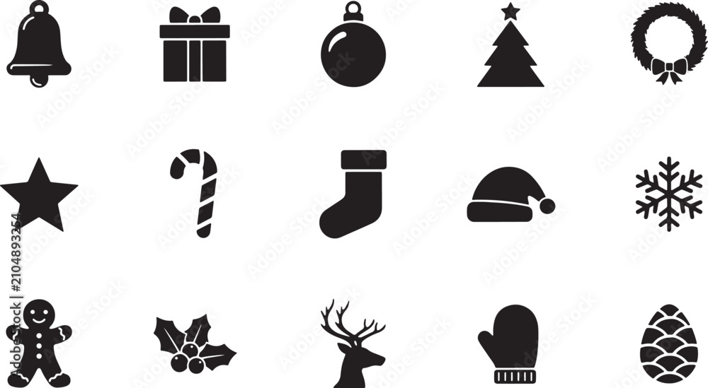 Naklejka premium Set Of Black Silhouette For Christmas And Winter Holiday Symbols And Decorations Bell