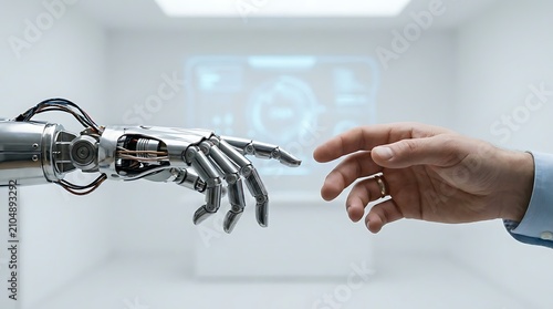 Robotic hand reaching to touch human hand in futuristic AI technology concept