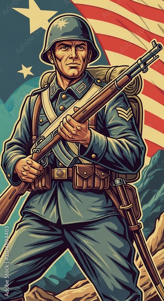 Obraz premium Vintage illustration: Determined soldier guards freedom against a patriotic backdrop of stars and stripes.