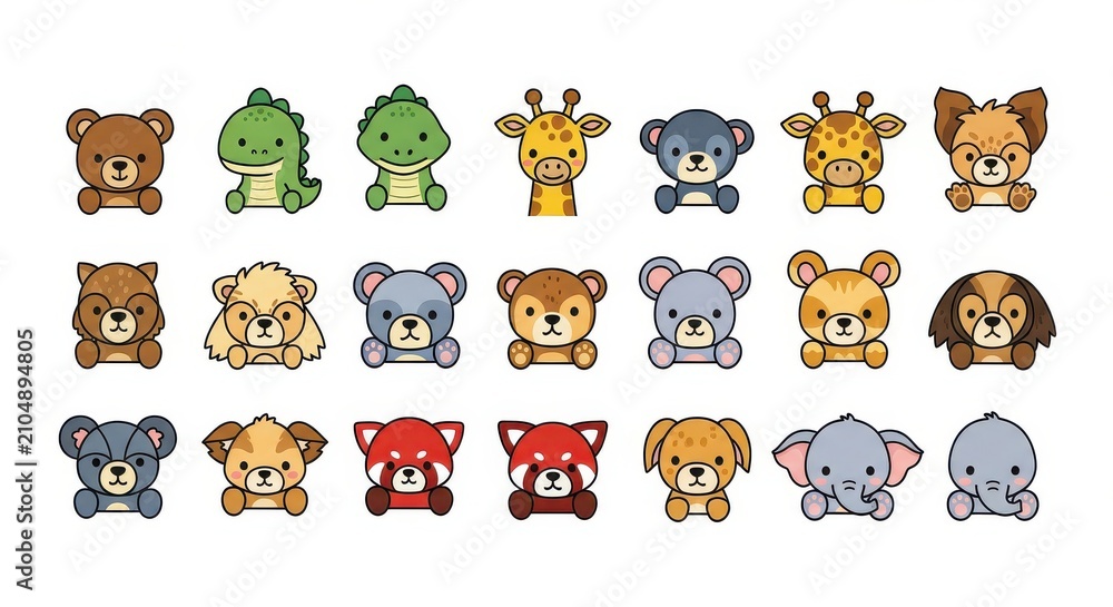 Obraz premium Cute Cartoon Animal Avatars Set - Kawaii Wildlife and Domestic Pets Icons for Kids, Stickers, and Web Design