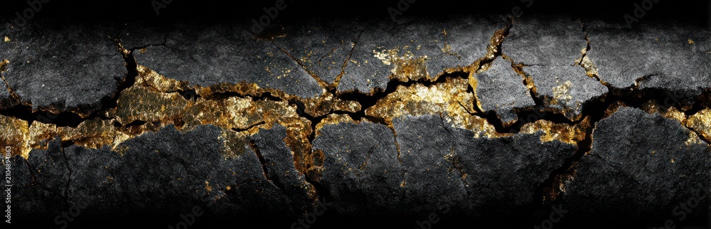 Fototapeta premium Close up of cracked weathered surface texture showing aged golden tones and dark shades
