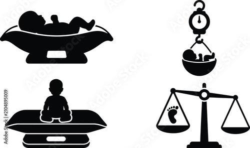 Obraz na płótnie Baby Weighing Scale and Infant Growth Monitoring Silhouette Icon Set for Medical
