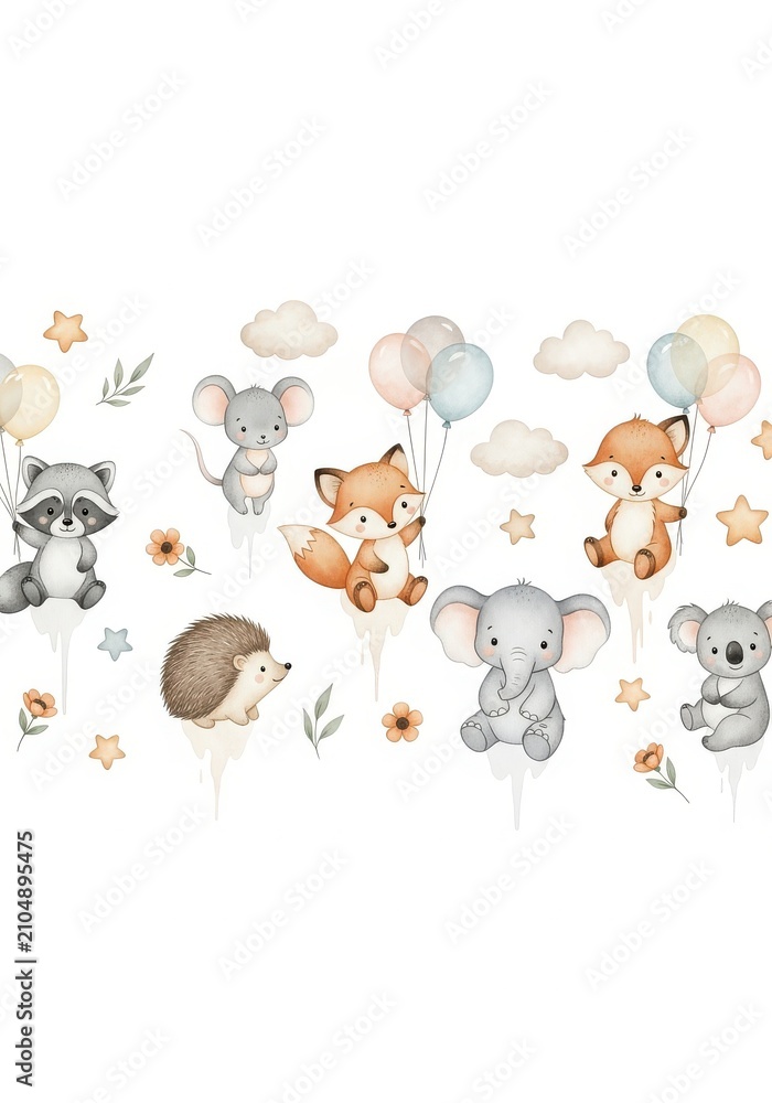 Fototapeta premium Cute Watercolor Nursery Animals Illustration with Balloons, Clouds, and Stars for Baby Shower Decor and Kids Room Wallpaper
