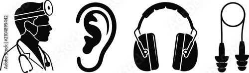 Fotografía Audiology Hearing Care Icon Set with ENT Doctor Ear Muffs and Safety Plugs