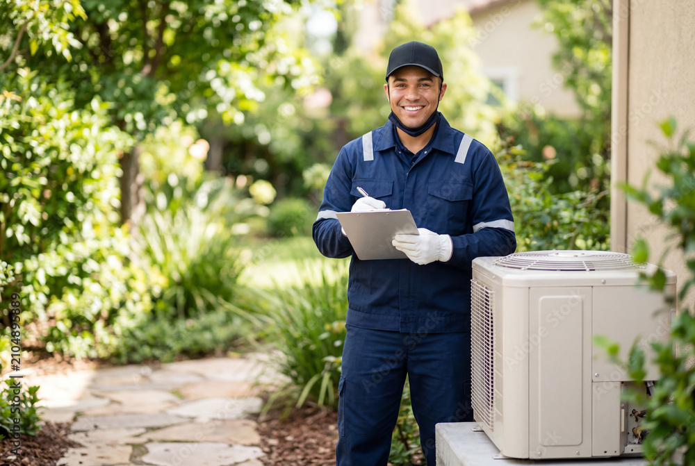 Fototapeta premium HVAC technician with clipboard standing near air conditioner