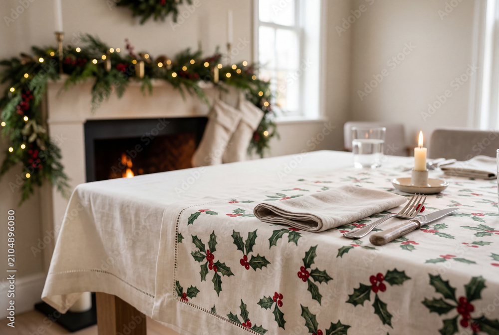 Obraz premium Festive christmas dining table set with holly tablecloth