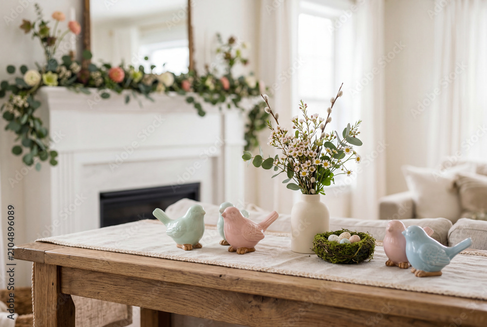 Obraz premium Pastel ceramic birds and flower vase on wooden table in bright living room