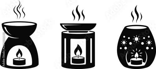 Bild auf Leinwand Aroma Oil Burner and Essential Oil Diffuser Silhouette Icon Set with Scented Can