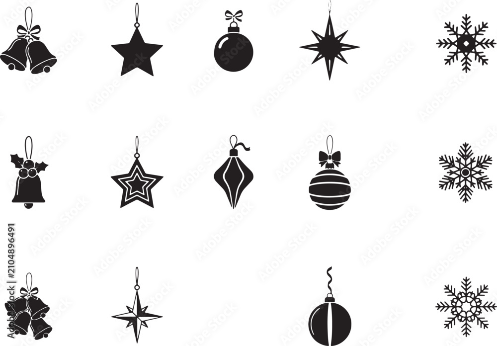 Obraz premium Variety Of Black Silhouette Christmas Ornaments Featuring Bells Stars And Snowflakes