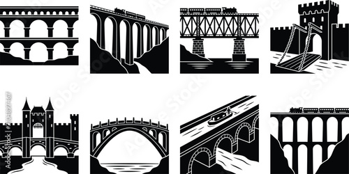 Foto Black and white silhouette set of various historical bridges, aqueducts, viaducts, and castles