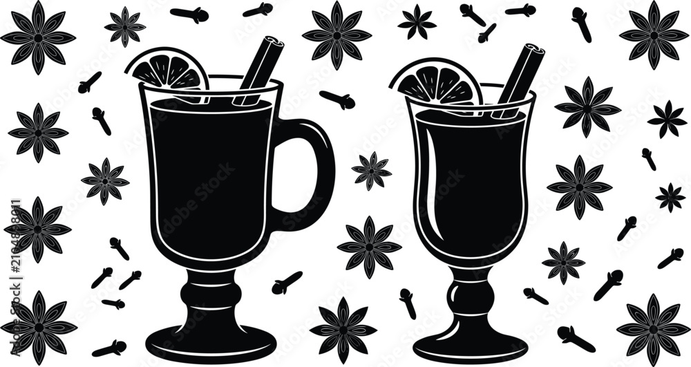 Fototapeta premium Mulled Wine Glass Icon Set with Star Anise Cinnamon Stick and Cloves Spices