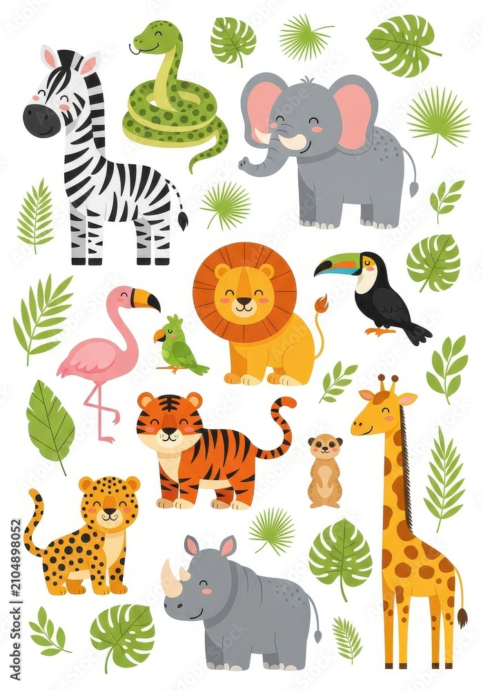 Obraz premium Cute Safari Animal Collection with Lion, Elephant, Giraffe, and Tiger Vector Illustration for Kids